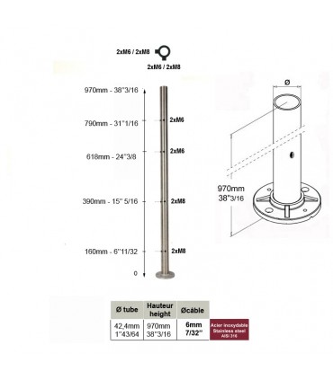 Poteau d'angle taraudé pour montage cable traversant et verre INOX 316