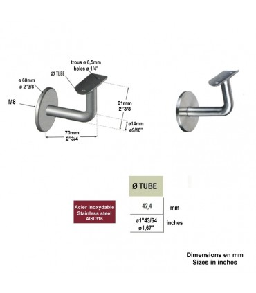 Equerre de rampe - Support mural fixe pour rampe Ø48,3mm INOX316