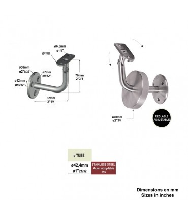 Patère de rampe coudée pivotante pour tube Ø42,4mm en INOX 316