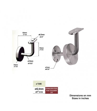 Equerre de rampe - Support mural fixe avec cache vis pour rampe Ø42,4mm INOX316