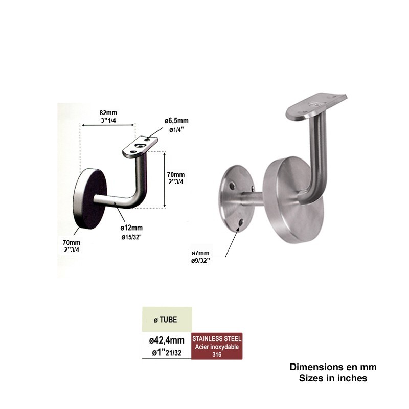 Equerre de rampe - Support mural fixe avec cache vis Ø42,4mm INOX316