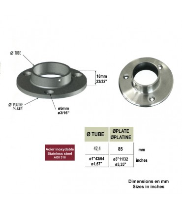 Connecteur droit, plaque de fixation  Ø42,4mm INOX316