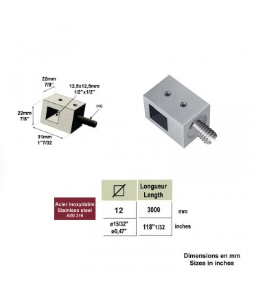 Connecteur en applique pour carré de 12x12mm sur tube 40x40mm ou plat en INOX 316