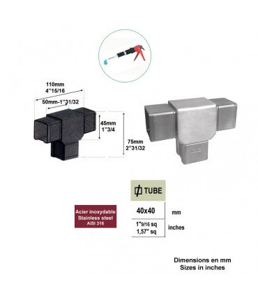 Connecteur Té de tubes carrés 40 x 40mm en INOX 316 