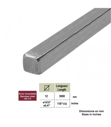 Carré plein 12x12mm acier INOX316 brossé grain 320 longueur 3m