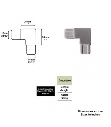 Raccord d'angle pour profil d'encadrement rectangulaire 18x12mm INOX304