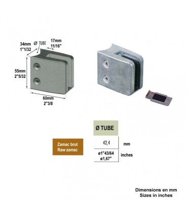 Pince à verre carrée 55mm en zamac brut pour tube Ø42,4mm