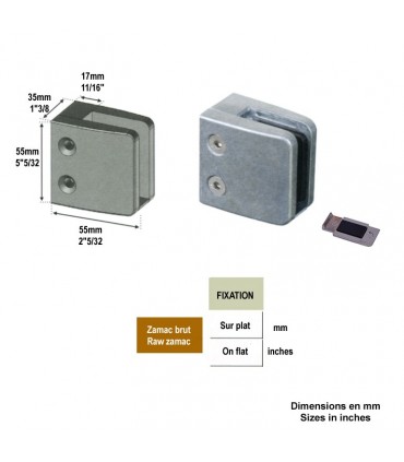 Pince à verre carrée 55mm en zamac brut pour plat