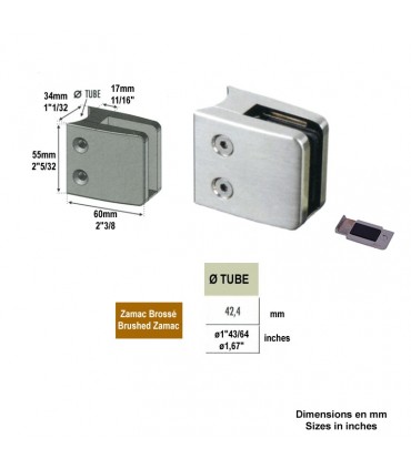 Pince à verre carrée 55mm en zamac brossé pour tube rond Ø42,4mm