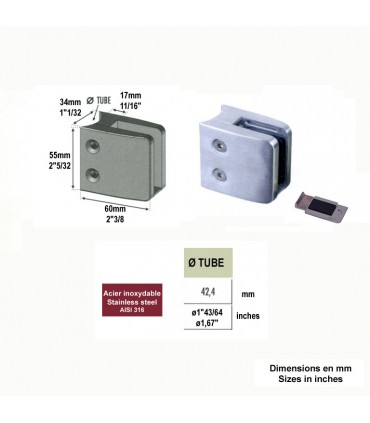 Pince à verre carrée 55mm en INOX316 pour tube Ø42,4mm