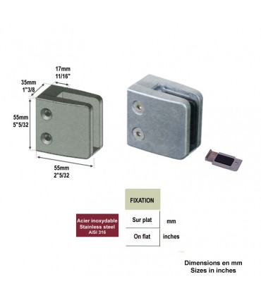 Pince à verre carrée 55mm en INOX316 pour plat