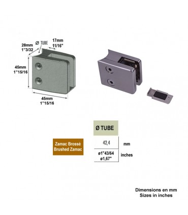 Pince à verre 45mm en ZAMAC BROSSE pour poteau en tube Ø42,4mm