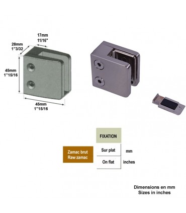Pince à verre 45mm en ZAMAC BROSSE pour poteau carré ou plat.