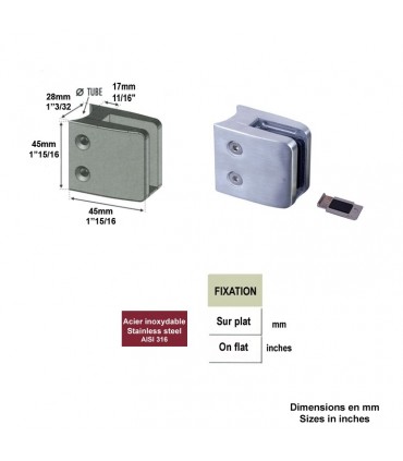 Pince à verre carrée 45mm en INOX316 pour tube Ø42,4mm