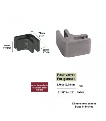 Pince à verre d'angle en INOX 316 pour verres de 8,76 à 12,76mm