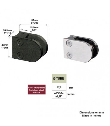 Pince à verre ronde 40x55mm en INOX 316 pour poteau en tube Ø42,4mm