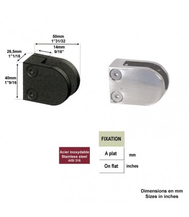 Pince à verre ronde 40x50mm en acier INOX 316 pour plat ou poteau carré