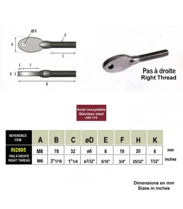 Vis à oeillet design pour chape filetée M6 pas à droite pour tendeur de câble