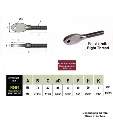 Vis à oeillet design pour chape filetée M8 pas à droite pour tendeur de câble