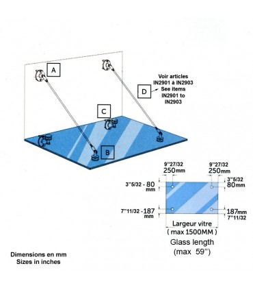 Support 3 pièces inox 316 de marquise en verre.