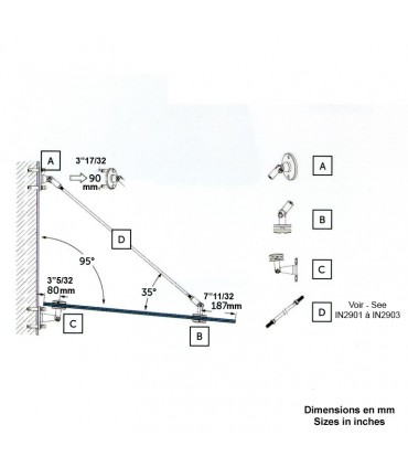 Support 3 pièces inox 316 de marquise en verre.