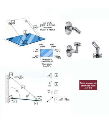 Support 3 pièces inox 316 de marquise en verre.