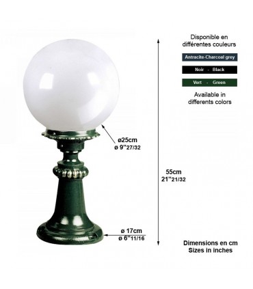 Luminaire extérieur boule sur pied 55cm