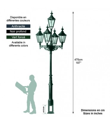 Réverbère LONDON 5 points lumineux sur poteau. 
