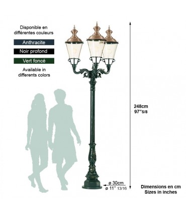 Réverbère PARIS 3 points lumineux sur poteau. H248cm