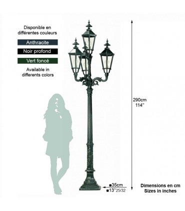 Réverbère MILANO 4 points lumineux sur poteau. H290cm