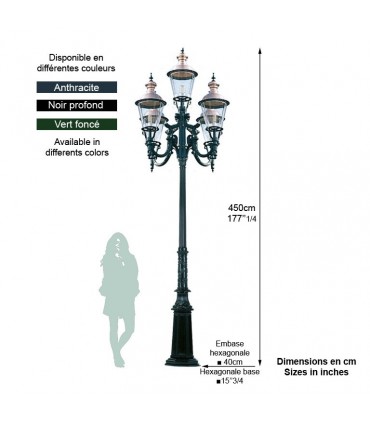 Réverbère TORONTO 5 points lumineux sur poteau. H450cm