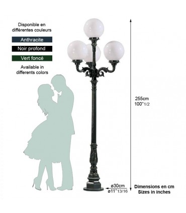 Réverbère LYON 4 points lumineux sur poteau. H255cm