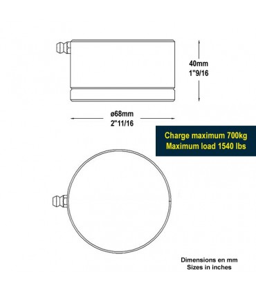 Pivot roulement bas Ø68mm 40x40mm pour fortes charges