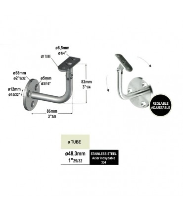Support mural coudé articulé pour main courante Ø48mm en acier inoxydable 304