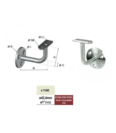 Equerre de rampe - Patère fixe pour rampe Ø42,4mm INOX316
