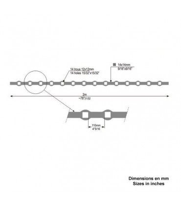 Barre trous renflés 14x14mm percée de 14 trous pour carré de 12x12mm