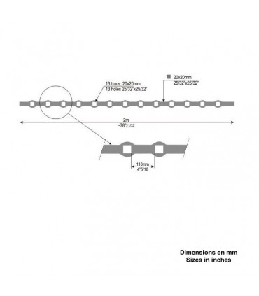 Barre trous renflés 20x20mm percée de 13 trous pour carré 20x20mm droits