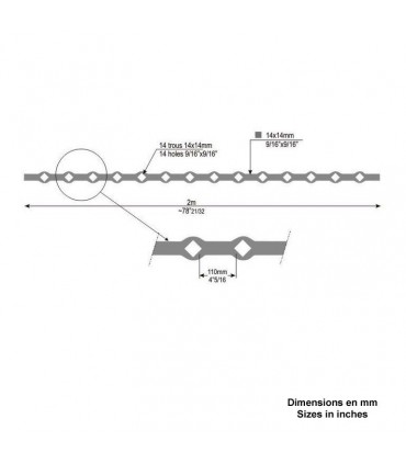 Barre trous renflés 14x14mm percée de 14 trous losange pour carré 14x14mm - longueur 2m