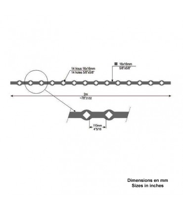 Barre trous renflés 16x16mm percée de 14 trous losange pour carré 16x16mm - longueur 2m