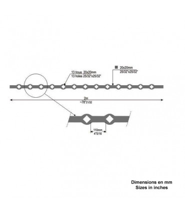 Barre trous renflés 20x20mm percée de 13 trous losange pour carré de 20x20mm - longueur 2m