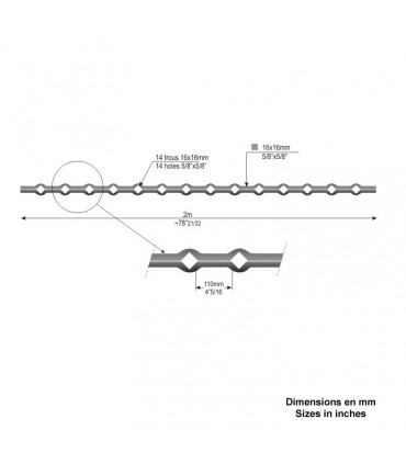 Barre losange 16x16mm percée de 14 trous renflés losange pour barres 16x16mm longueur 2m