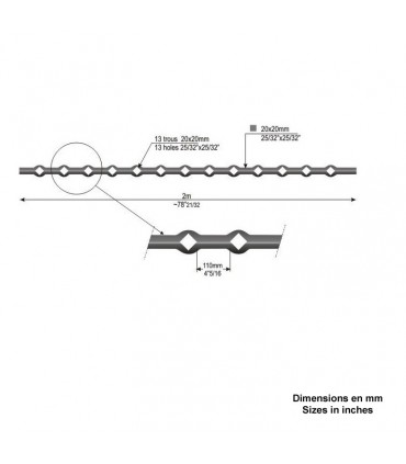 Barre losange 20x20mm percée de 13 trous renflés losange pour barres de 20x20mm longueur 2m