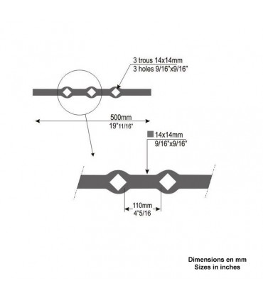 Barre 0,5m carrée 14x14mm percée de 3 trous renflés losange pour barres de 14x14mm