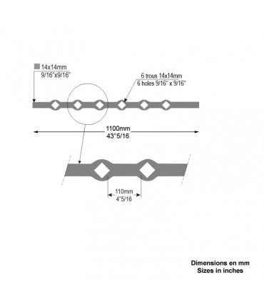Barre 0,9m carrée 14x14mm percée de 6 trous renflés losange pour barres de 14x14mm