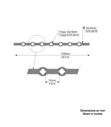 Barre 1,1m carrée 14x14mm percée de 7 trous renflés losange pour barre de 14x14mm