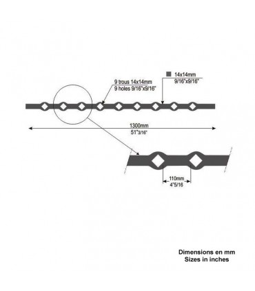 Barre 1300mm carrée 14x14mm percée de 9 trous renflés losange pour barre de 14x14mm longueur 2m
