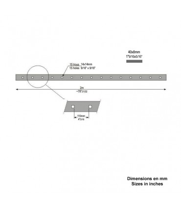 Barre poinçonnée 40x8mm 15 trous carrés 16x16mm longueur 2m
