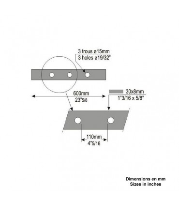 Barre poinçonnée 30x8mm 3 trous Ø15mm longueur 600mm