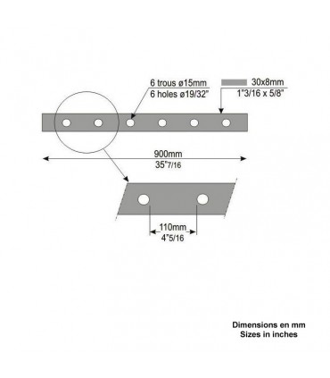 Barre poinçonnée 30x8mm 6 trous Ø15mm longueur 900mm