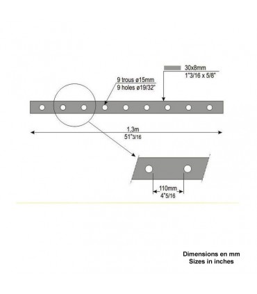 Barre poinçonnée 30x8mm 9 trous Ø15mm longueur 1300mm